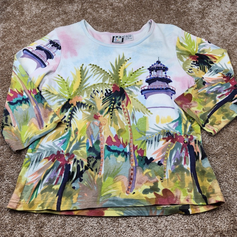 Take Two Clothing Co Womens XL Tropical Lighthouse Sequin 3/4 Sleeve Cotton Top
